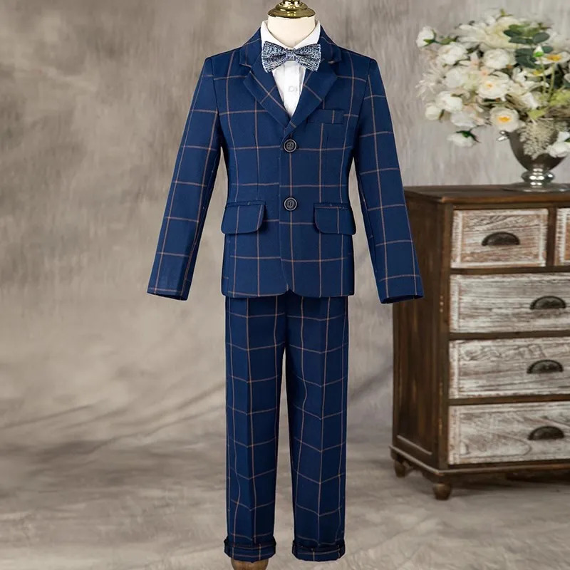 Boys Formal Navy Plaid Suits Set Children Host Piano Performance Birthday Party Pography Costume Kids Blazer Pants 251218