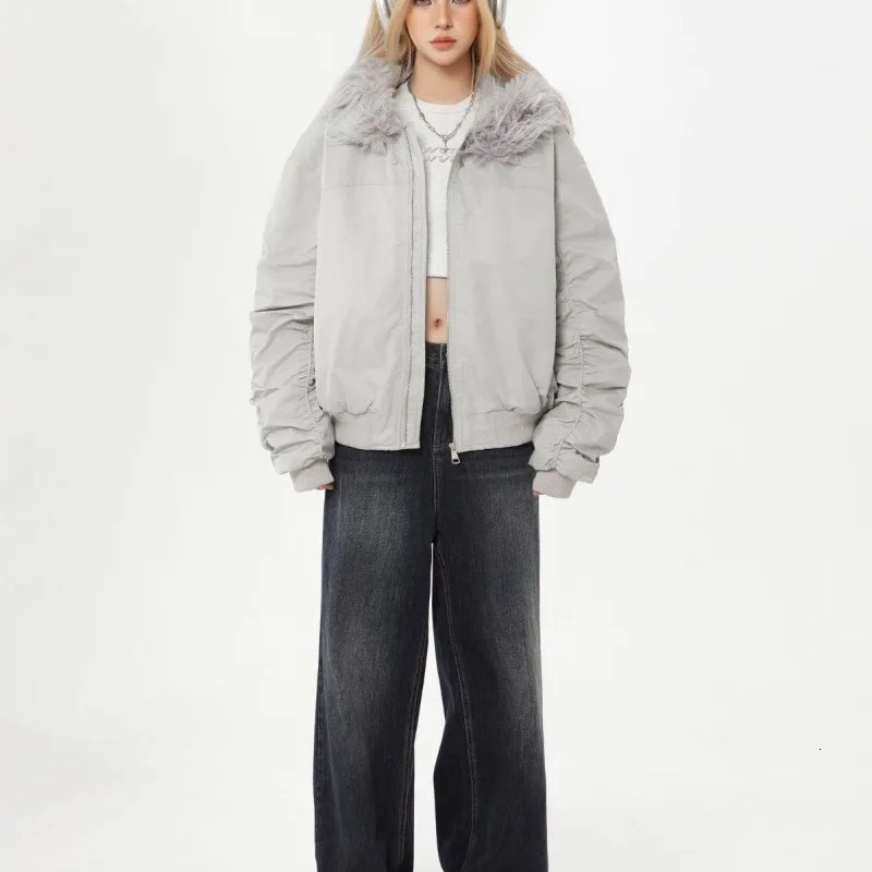 American Street Solid Color Hooded Fur Coat Cotton-padded Jacket Female Y2K Harajuku Casual Jacket Coat 251223