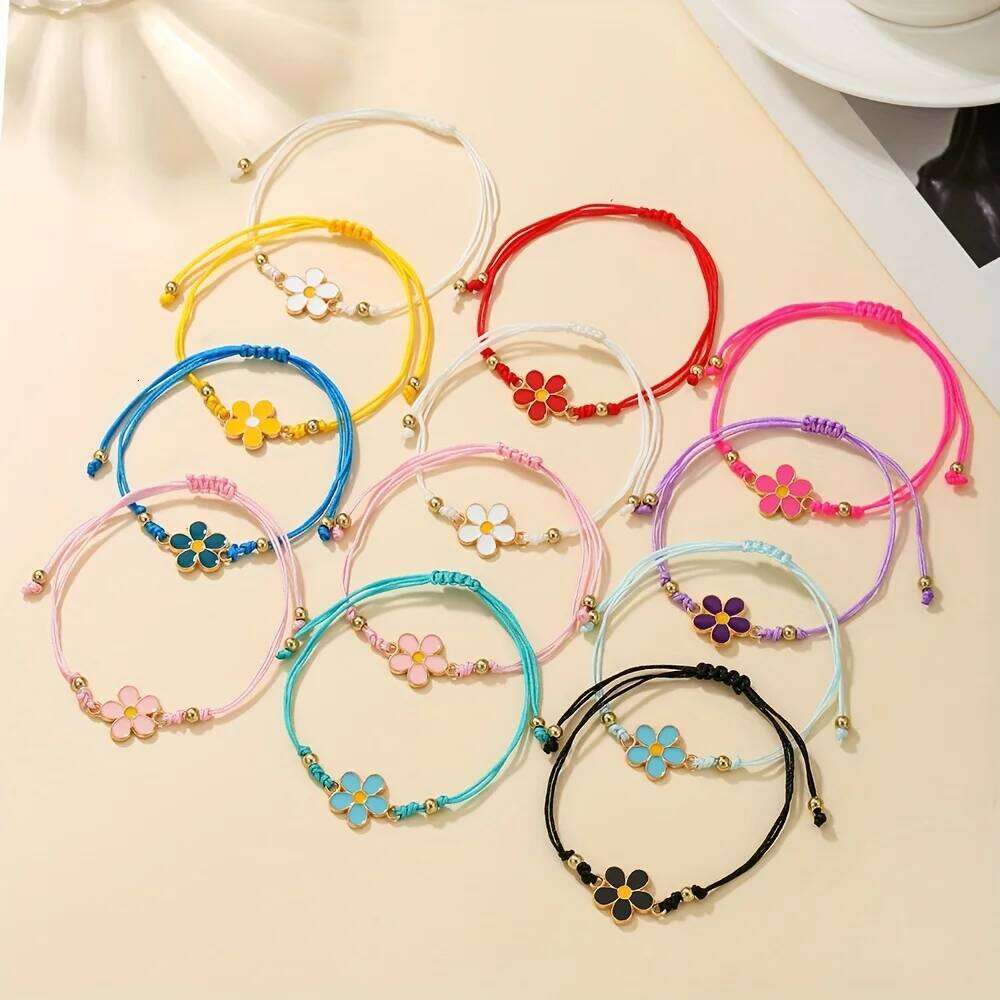 12pcs Set of Sweet and Adorable Colorful Floral Elements Adjustable Handmade Braided Bracelets, Perfect for Daily Wear 25H1229