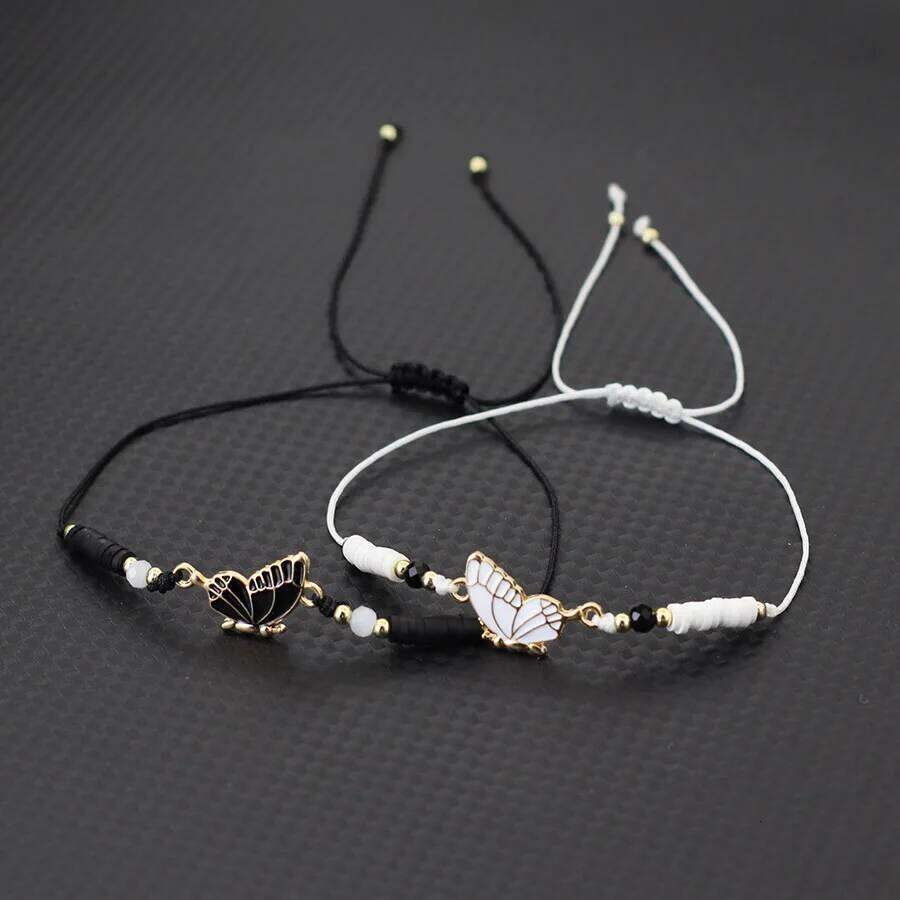 Stylish 2Pcs/Pair Splicing Butterfly Bracelet Unisex Adjustable Small Beads Braided Rope Braslet Girls Friendship Couple Braclet 25H1229