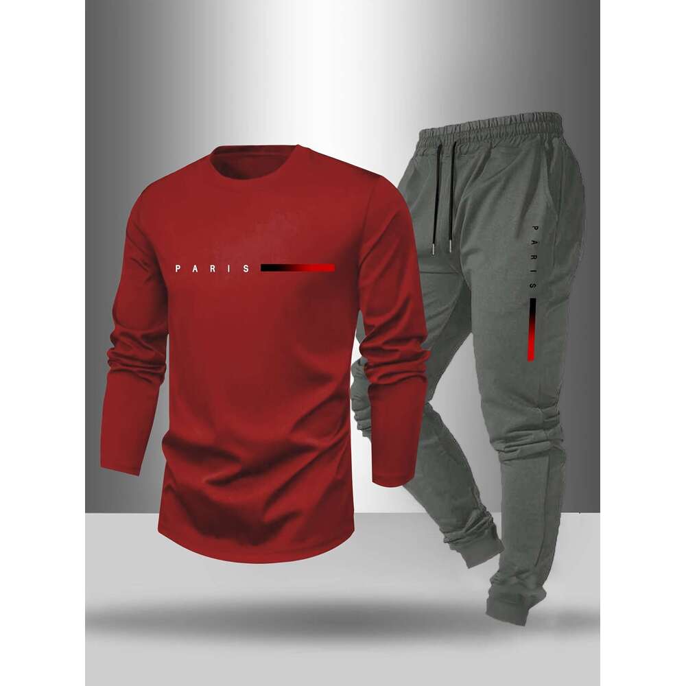 WONST Sportswear Men S And Set Spring Autumn With Paris Letter Print Crew Neck Long Sleeve T Shirt Drawstring Outdoor Casual Sports Pants Set Piece
