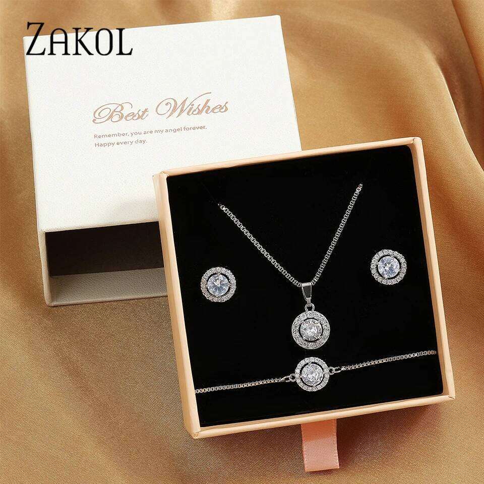 ZAKOL 3 Pcs Jewelry Gift For Women Shiny AAA Cubic Zirconia Earrings Bracelet Necklace Set Accessories With Gifts Box