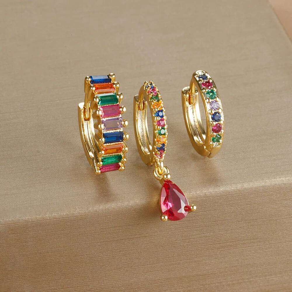 ZAKOL 3PCS/Set Colorful Cubic Zirconia Hoop Earrings Set for Women Red Water Drop Pendant Earring Cartilage Piercing Jewelry