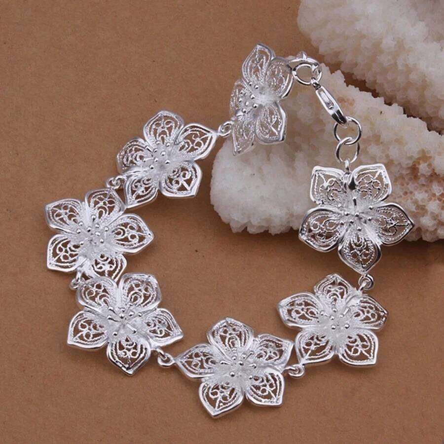 925 Sterling Silver Bracelet Flower Chain Elegant Beautiful Jewelry Wedding for Women Lady Cute 20cm 8inch 25H1229