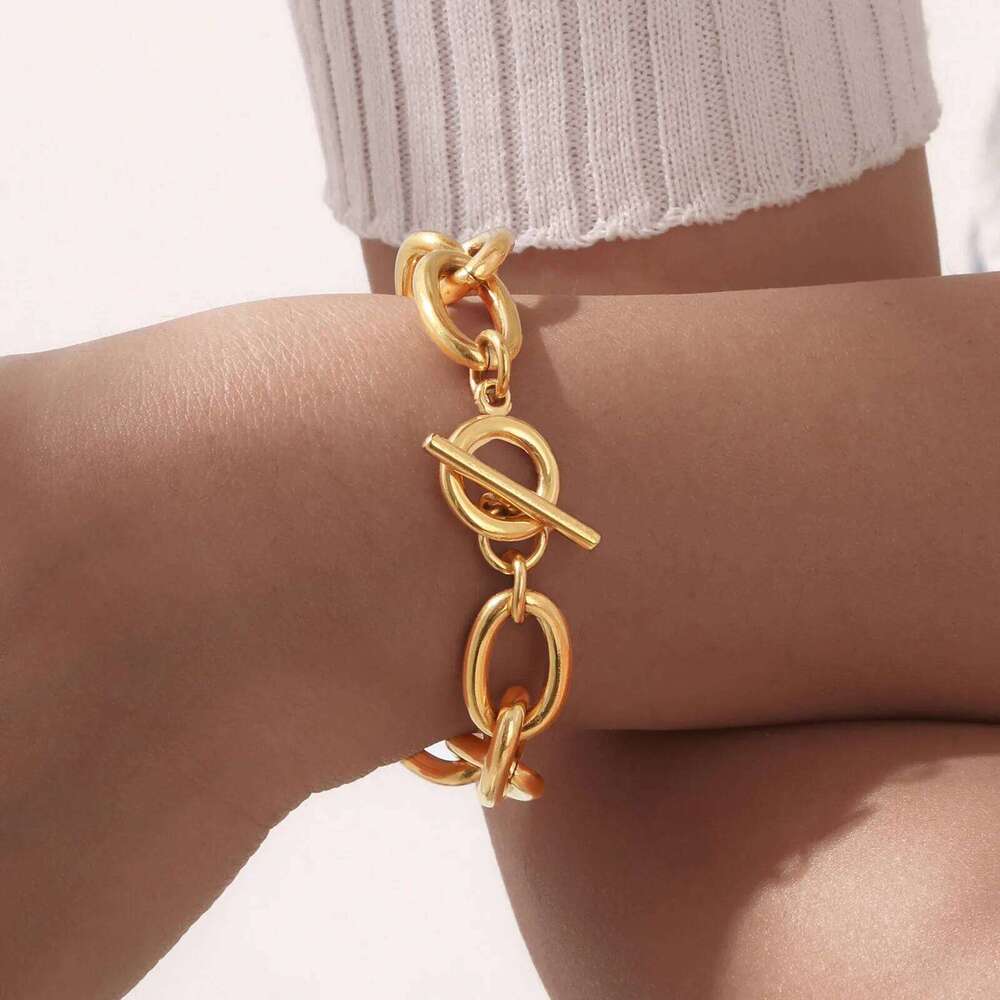 Chunky Bold Toggle Bracelets For Women, Stainless Steel OT Buckle Link Chain Bracelet Gold Plated Tarnish Free