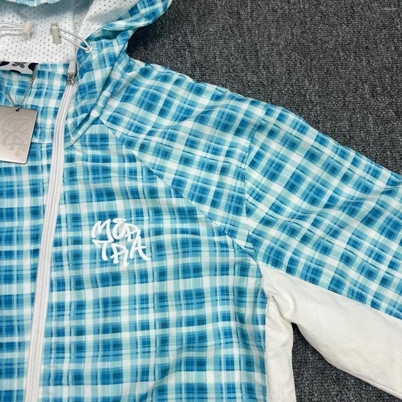 Men's Jackets Mesh Blue Green Plaid Zipper Hooded Jacket Men Women Letters Embroidery Label Slanted Quick Dry Loose Windproof
