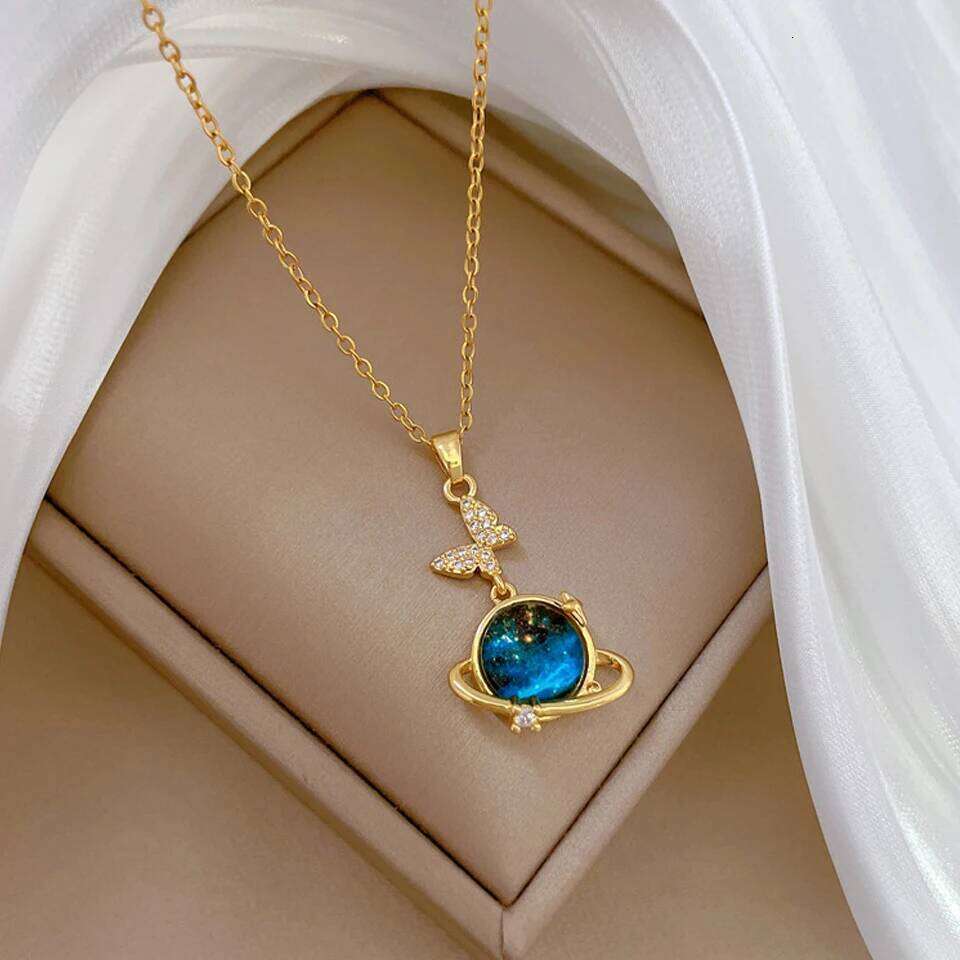 ZAKOL Light Luxury Stainless Steel Blue Starry Planet Pendant Necklace Fashion Women's Clavicle Chain Versatile Jewelry Gift