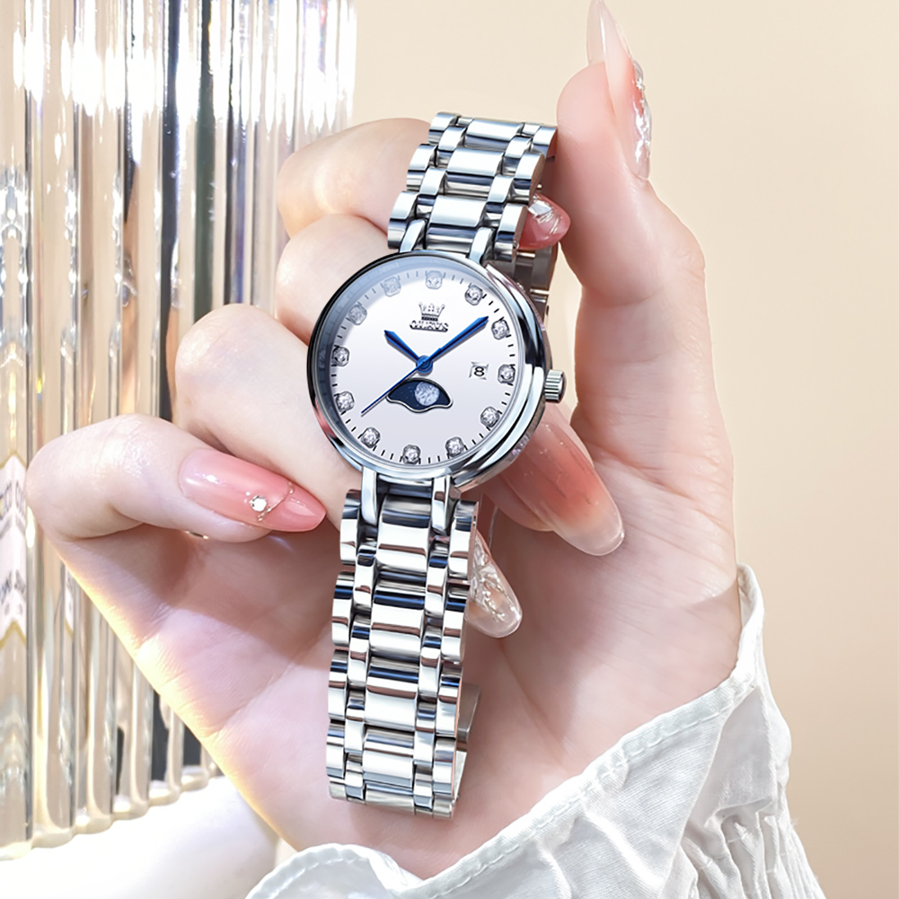 OLEVS Ladies' watch with a stylish, gentle, and high aesthetic value, niche moon phase, simple, waterproof quartz women's watch