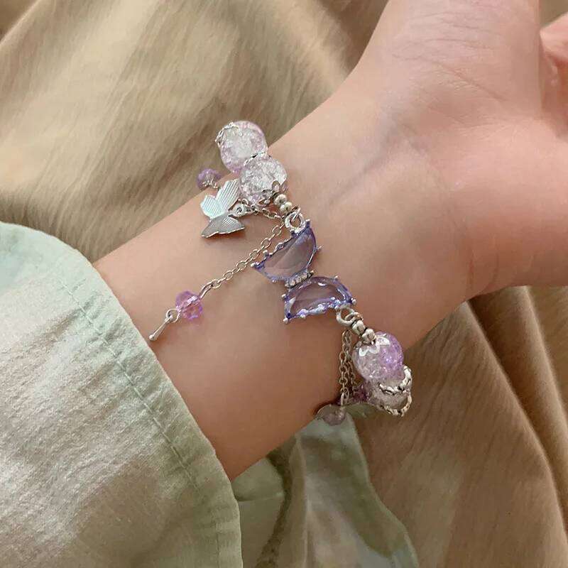 New Niche Design Purple Crystal Butterfly Pendant Beaded for Women Sweet Charm Bracelet Jewelry Accessories Party Gift 25H1229