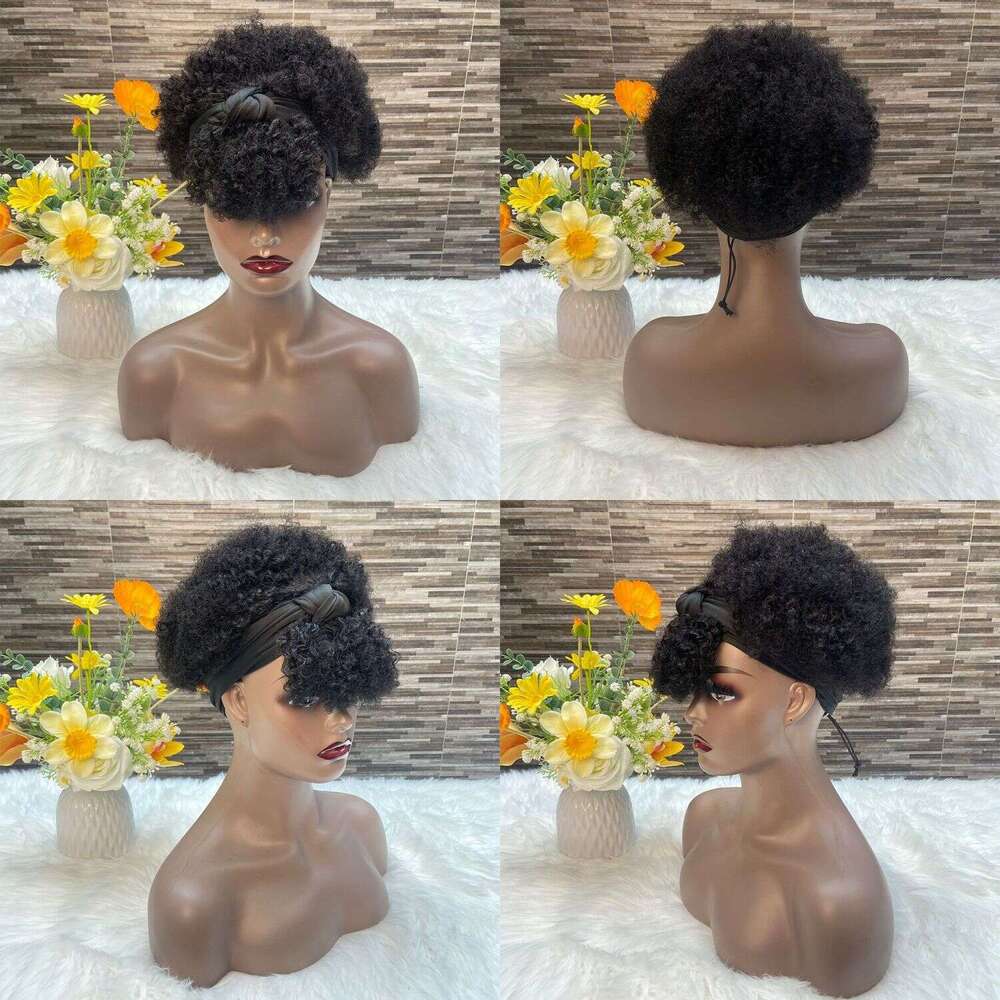 New African Ice Silk Hairband Colorful Fluffy Small Curl Afro Real Human Hair Wig Aimeier