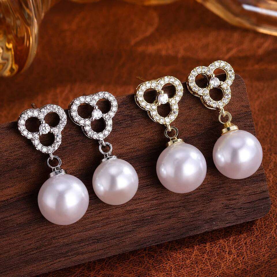 ZAKOL Elegant Shiny Zircon Inlaid Imitation Pearl Drop Earrings for Women Smooth Pearls Bridal Earring Wedding Party Jewelry