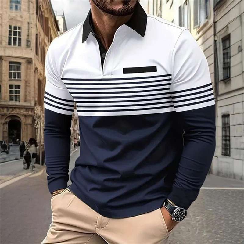 Mens Horizontal Stripes Graphic Polo Fall Winter Long Sleeve Shirts Athleisure Daily Wear 3D Print Breathable Buttons Tops 251219