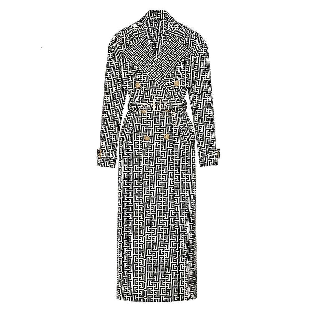 HIGH STREET Newest Fall Winter 2023 Designer Women's Lion Buttons Geometrical Monogram Jacquard Belted Trench OverCoat