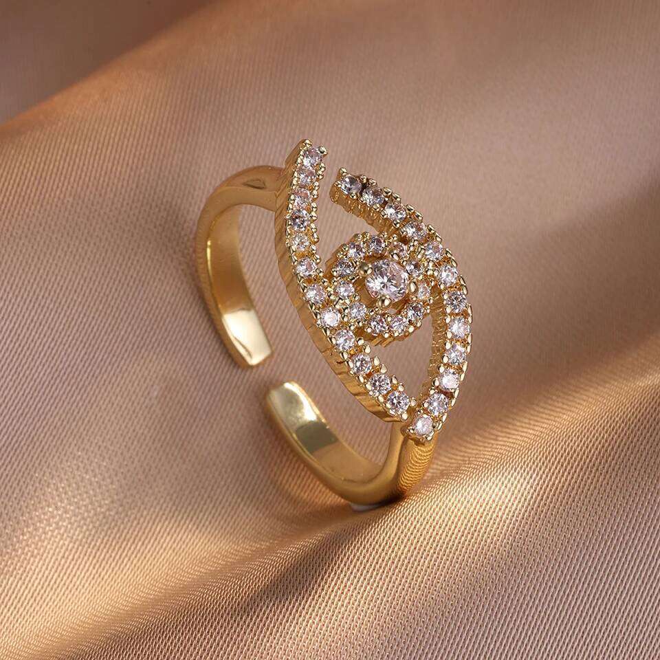 ZAKOL Fashion Turkey Evil Eye Zircon Inlaid Adjustable Open Rings Sliver Gold Color Aesthetic Ring Party Jewelry Anillos Mujer
