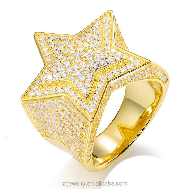 Iced Out S925 Moissanite Star Hiphop Rings Luxury Sterling Silver Gold Plated Moissanite Ring Men
