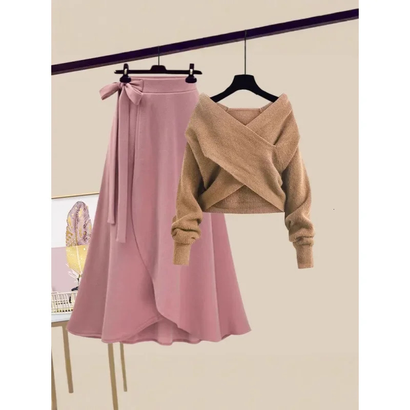 Autumn plus Size Womens Fashionable Slim Fit Cross Sweater High Waist Mini Skirt Two Piece Set Korean Style Streetwear 251219