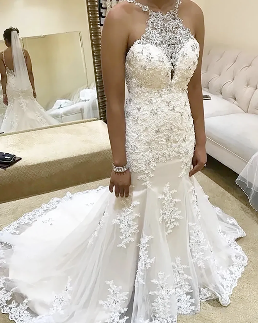 Wedding Dresses White Bridal Gowns Ivory Formal Mermaid Trumpet O-Neck Sweep Train Applique Tulle Beaded Crystal Zipper Lace Up Plus Size New Custom S