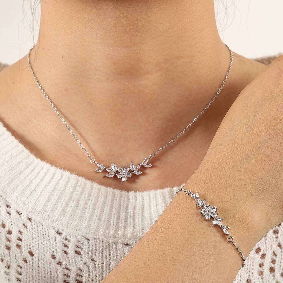 ZAKOL Elegant Shiny Zircon Leaf Flower Charm Bracelet Necklace Packing Box 3 Pcs Set Unique Jewelry Gifts for Women