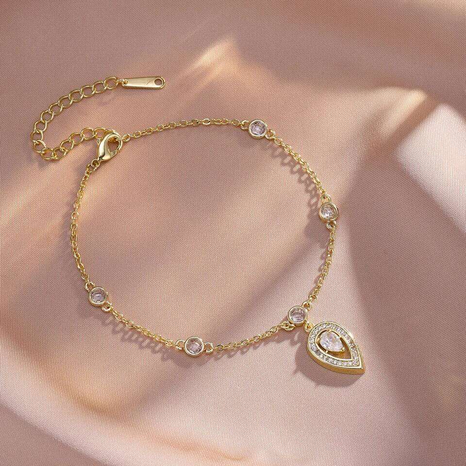 ZAKOL Korean Simple Water Drop Charm for Women Girls Shiny Clear Zircon Thin Chain Bracelet Accessories Gift