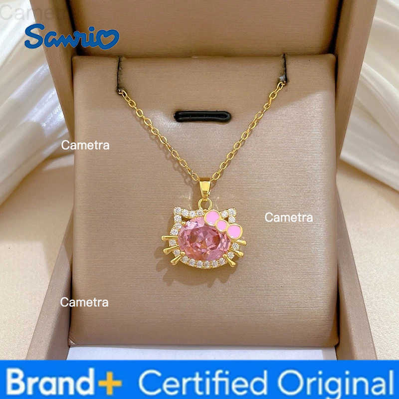 Sanrio Pink Crystal Hello Kitty Pendant Necklace for Women Girls Sweet Cute Stainless Steel Chain Jewelry Accessories Gifts H251229