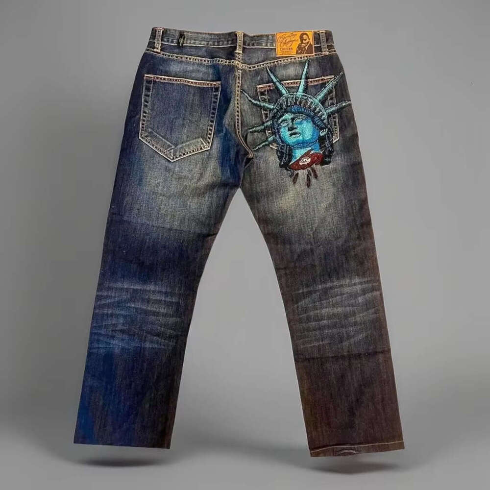 2025 New European American Cross-Border Statue of Liberty Vintage Washed Jeans for Men and Women Trendy Straight-Leg Pants