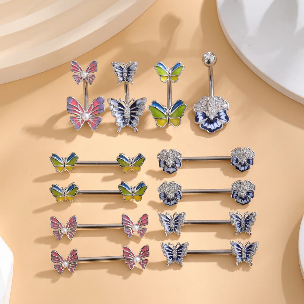 2pcs Cross Cherry Crystal Nipple Rings 1PC Both Sides Screwed Belly Button Rings Sets Stainless Steel Body Piercing Ring Bulk 251224