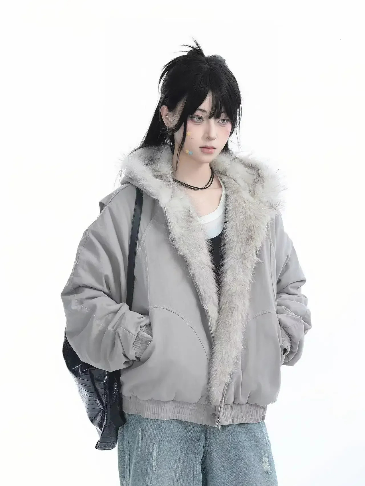 Winter American Retro Fur Collar Women Padded Hooded CottonPadded Jacket Plush Casual Street Gothic Harajuku Oversize Coat 251210