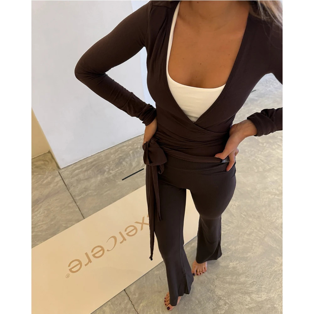 Women Autumn y2k Yoga 2 Piece Outfits Casual Solid Tie up Hem Wrap Long Sleeves V-neck Crop Tops Elastic Flare Pants Tracksuits 251224