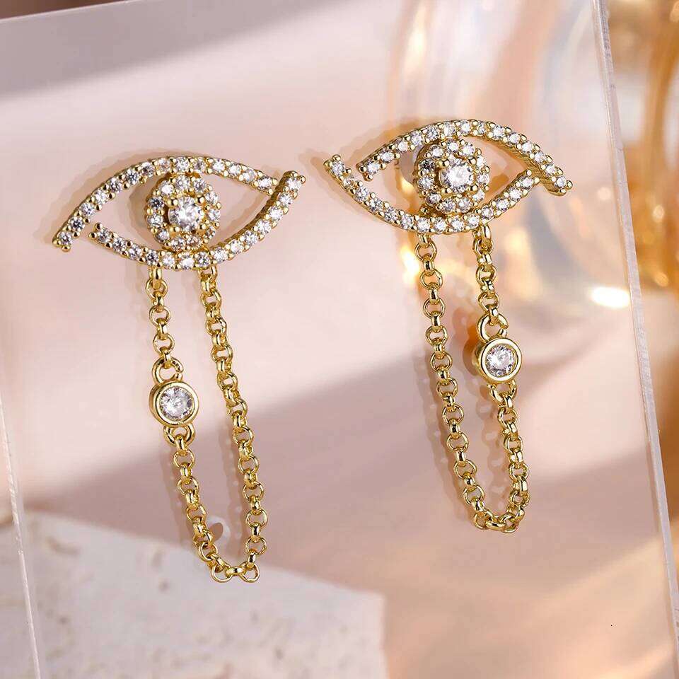 ZAKOL Trendy Turkey Evil Eye Zircon Inlaid Chain Tassel Earring Original Design Sliver Gold Color Wedding Party Ear Accessories