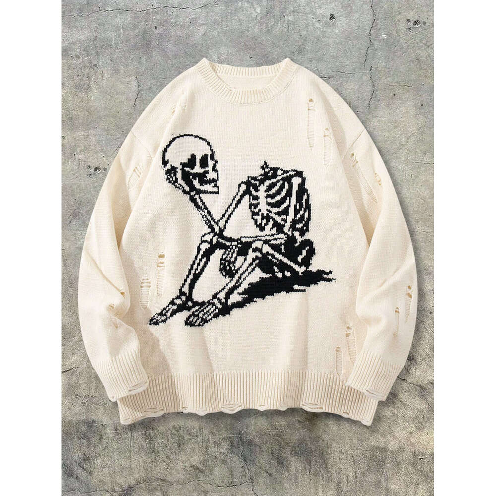 Autumn Winter Vintage Y2K Round Neck Skull Jacquard Unisex Pullover Loose Knitted Long Sleeve Sweater