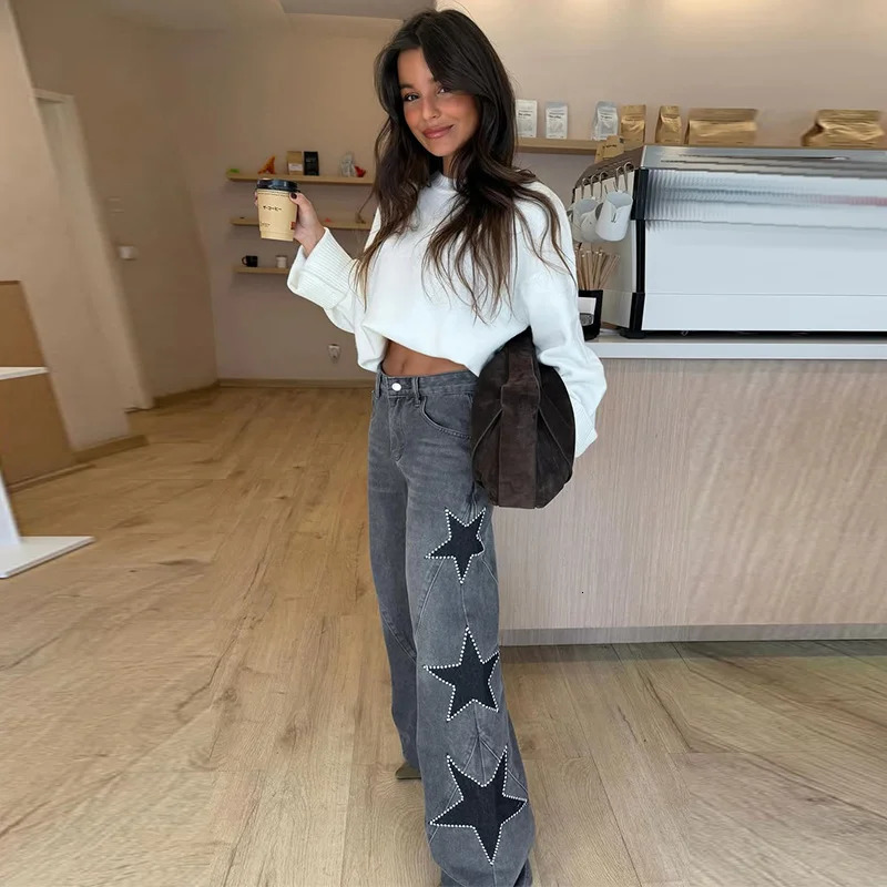 Diamond Decoration Jeans Women Five Pointed Star Straight Womens Pants Retro Baggy Fashion Street Denim Jeans Trousers Ladies 251225