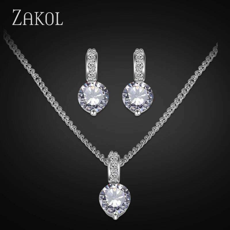 Elegant Bridal Wedding Jewelry Sets Female Round Clear Crystal Zirconia Pendant Necklace Earrings Party Jewellery for Women