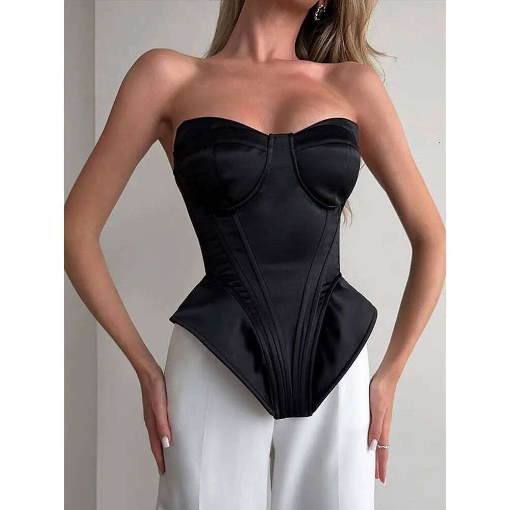 Sexy Fishbone Strapless Short Top Women Chic Sleeveless Backless Off-shoulder Waist Cinching Blouse Lady New Vacation Party Tops