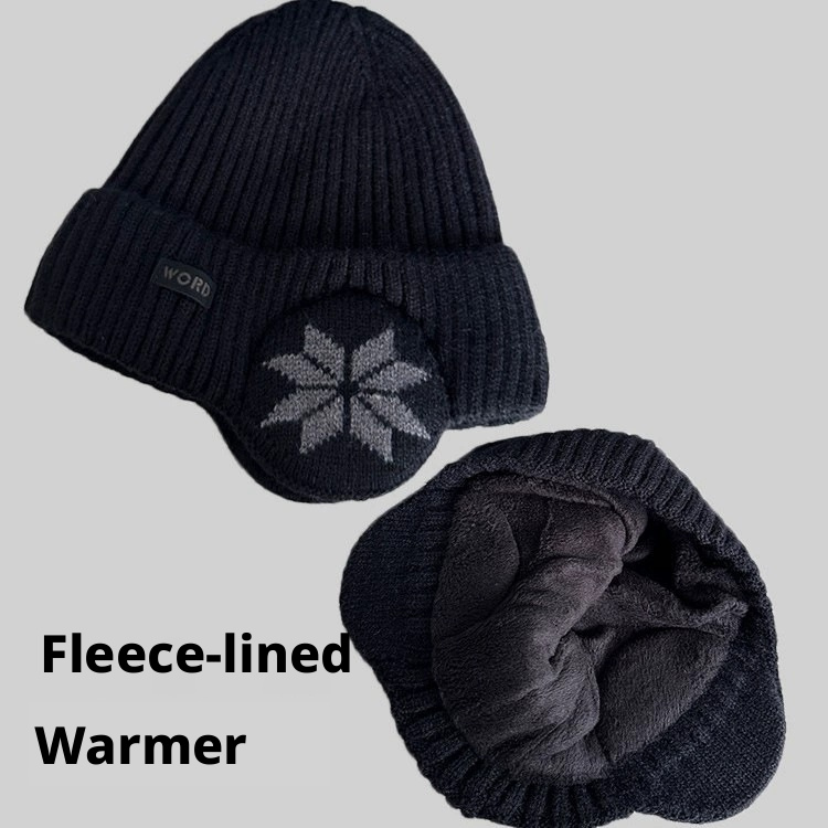 Ear Muffs Winter Knit Beanie with Ear Flaps - Thick Warm Fleece Lined Skull Cap for Men Women, Snowflake Pattern Cold Weather Headwear Beanie003