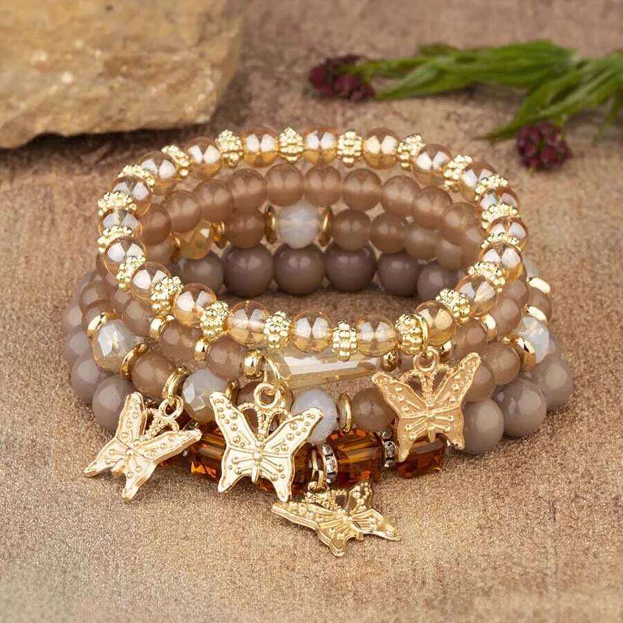 4PCS Bohemia Butterfly Charm Bracelet Set For Women Acrylic Beads Elastic Chain Bangle Men Wristband Fashion Party Jewelry Gift 25H1229