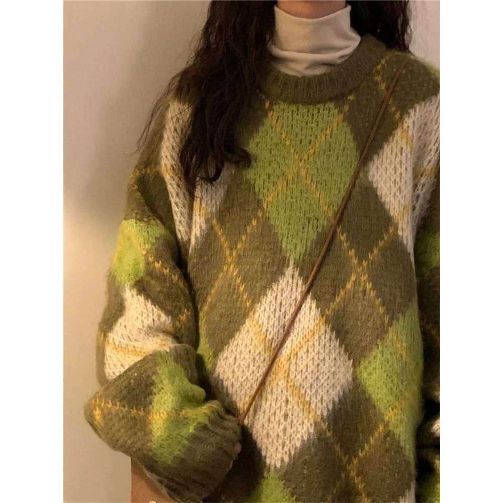Retro Green Pullovers Women Cozy Minimalist BF Style Autumn Argyle Casual Harajuku Baggy Sweater Long Sleeve All-Match Knitwear