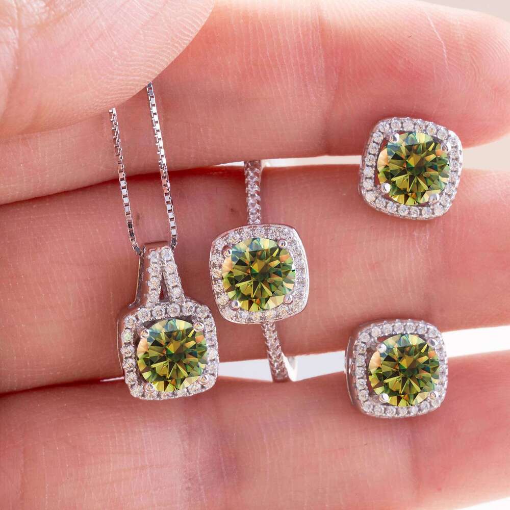 Women's Round Cut D Color Moissanite Set Real 925 Silver Pendant Necklace and Stud Earrings female dating fine Jewelry 52c