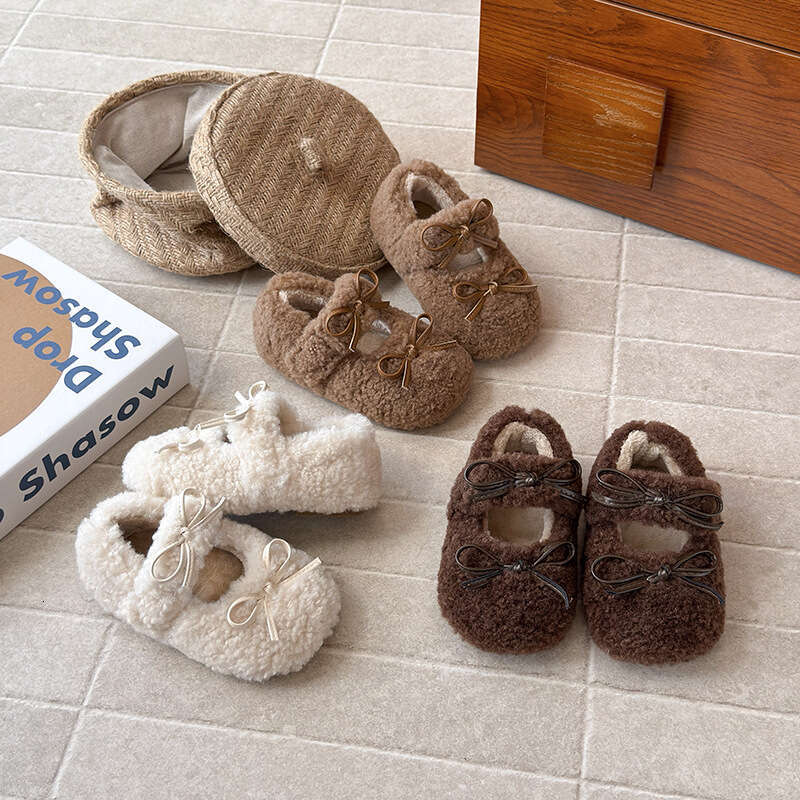 Children's Furry 2025 Autumn Winter New Korean Style Girls' Bow Princess Soft Sole Fleece Lined Warm Cotton Shoes