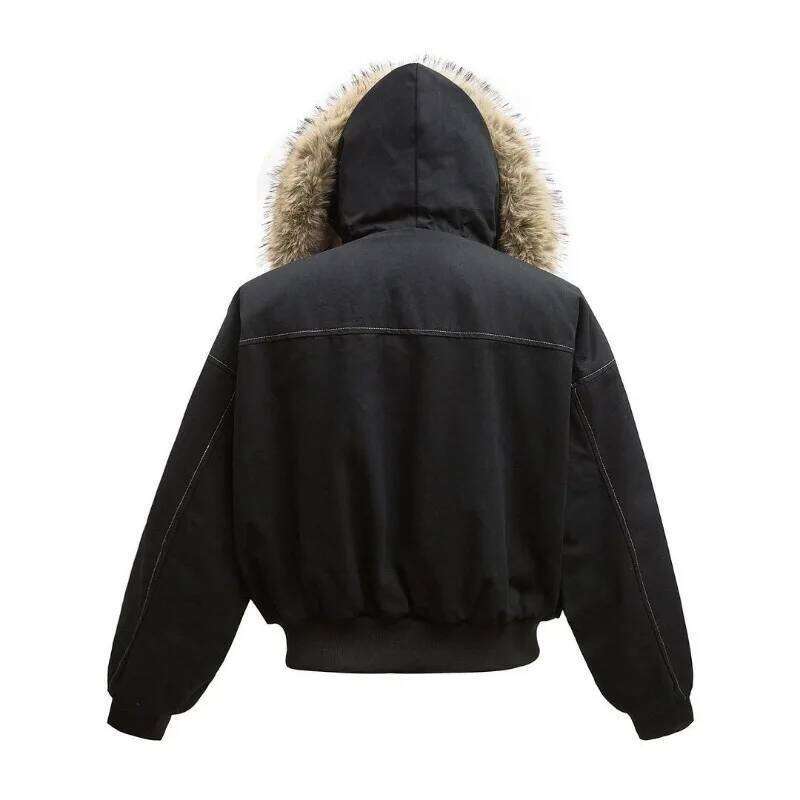 Y2K New American Cleanfit Collar Imitation Mink Fur Hooded Cotton-padded Jacket Men Gothic Retro Hip-hop Short Tooling Coat