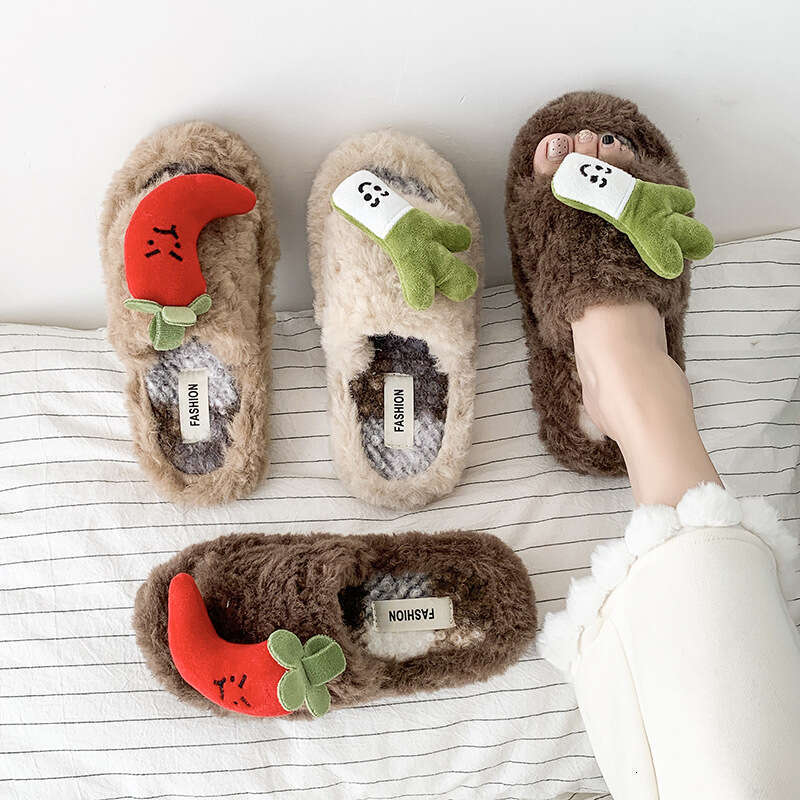 Fun Cute Creative Personality Green Onion Plush for Women, Autumn and Winter Outdoor Thick Sole Non-Slip Comfortable Furry Slippers