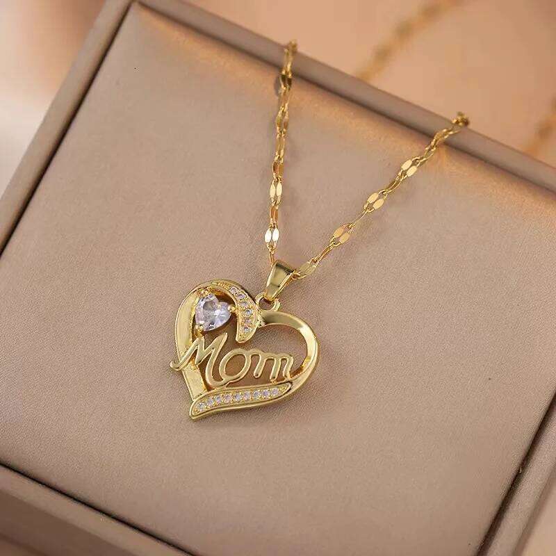 ZAKOL New Stainless Steel Chain Heart Pendant Necklace Shiny Zircon MOM Letters Design Luxury Mother's Day Gift