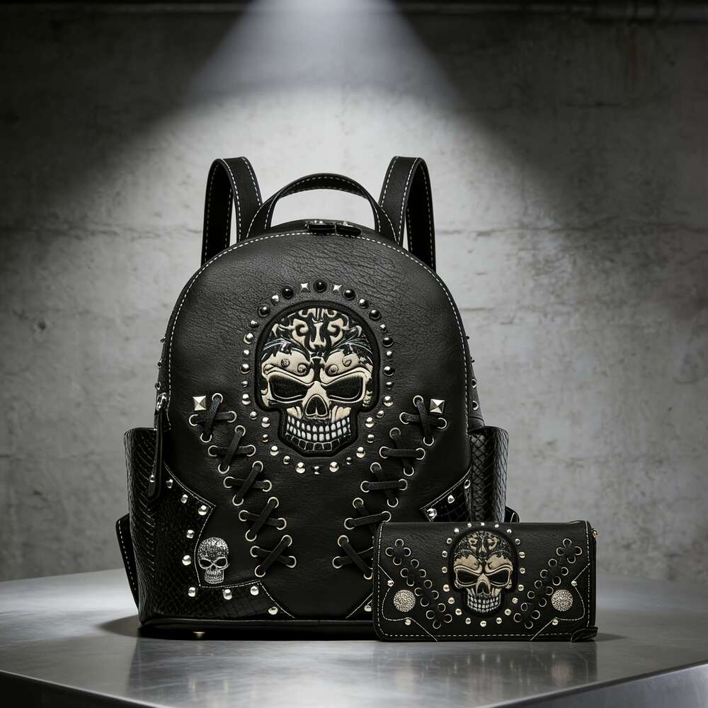 JINXIANGGUO Sugar Skull Punk Art Studded Motorcycle Women S Fashion Python Backpack Crossbody Bag Wallet Black Set Ideal Christmas Gift