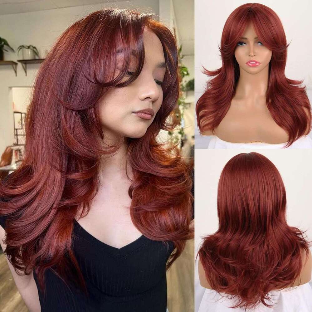 Women's Long Curly Hair Synthetic Medium-Length Brown Fluffy Multi-Layer Wig Xiusiyuan