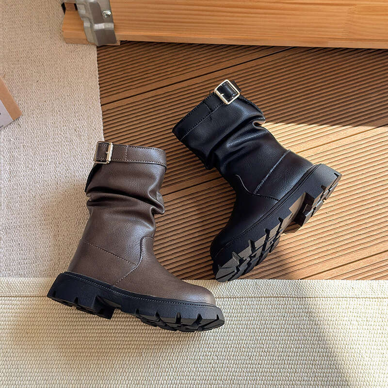 Children's Pile 2025 Autumn Winter New Korean Style Girls' Fleece-Lined Wrinkled Short Retro Slimming Riding Boots