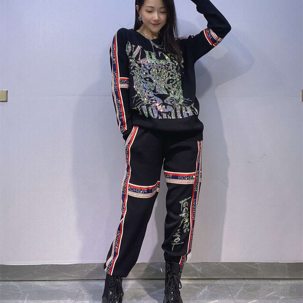 And American Women's Clothing Colorful Ribbon Splicing Long Sleeve Knitted Sweater Plus Size Trendy Brand European Goods Heavy Craft Rhinestone T