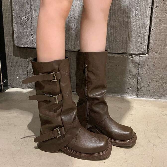 Internet Celebrity Style Retro Tube Riding with Belt Buckle Soft Sole Long 2025 Winter New Fashionable Hot Girl Pants Boots