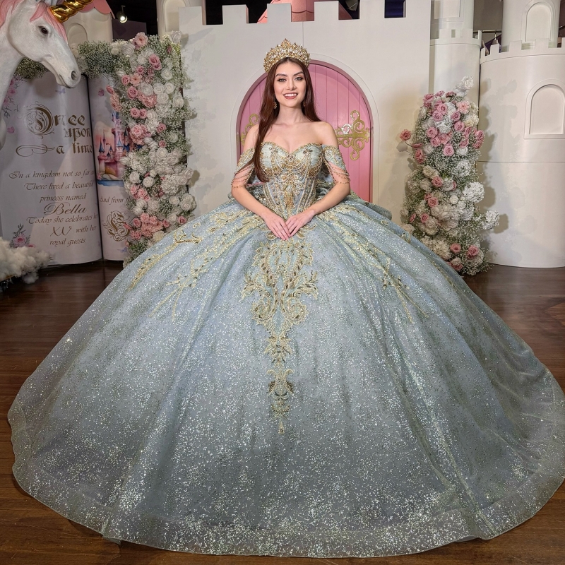 Aqua Blue Shiny Quinceanera Dresses Ball Gown Off The Shoulder Applique Lace Beading Crystal Bow Corset Party Birthday Sweet 16 Dres Vestidos 15 Anos