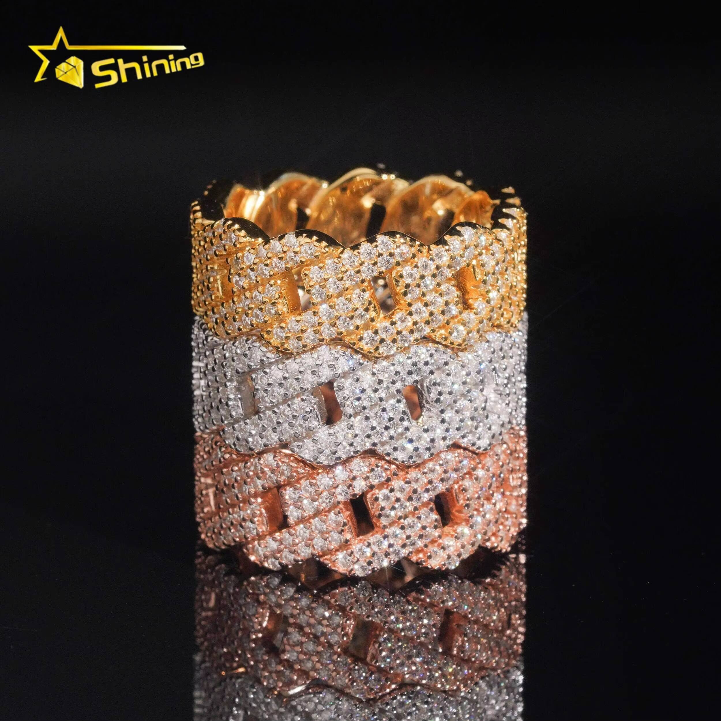 Ready to Ship Pass Diamond Tester 925 Silver Cuban Ring Gold Plated Hip Hop Moissanite Rings