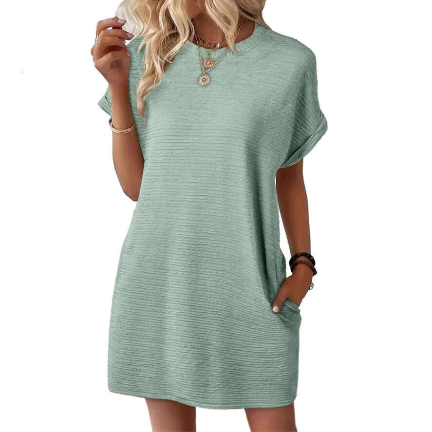 Dress for women European and American Loose Round Neck Pocket Dress, 2026 Summer New Solid Color Short Sleeve Beach Cover-Up