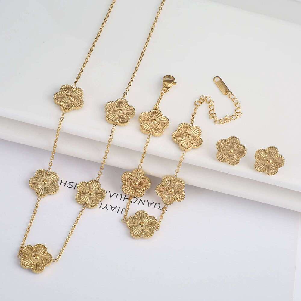 Gold Plated Lucky Stainless Steel Five Leaf Flower 3PCS Set Bracelet Necklace Earrings for Women Party Jewelry Clover 25H1229